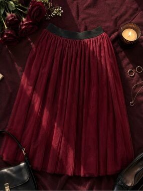 Women's Red Tulle Midi Skirt with Elastic Waist